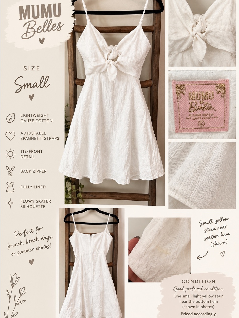 MuMu x Barbie White Tie-Front Spaghetti Strap Mini Dress